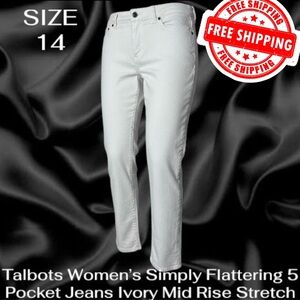 Talbots Womens Simply Flattering 5 Pocket Jeans Size 14 Ivory Mid Rise Stretch